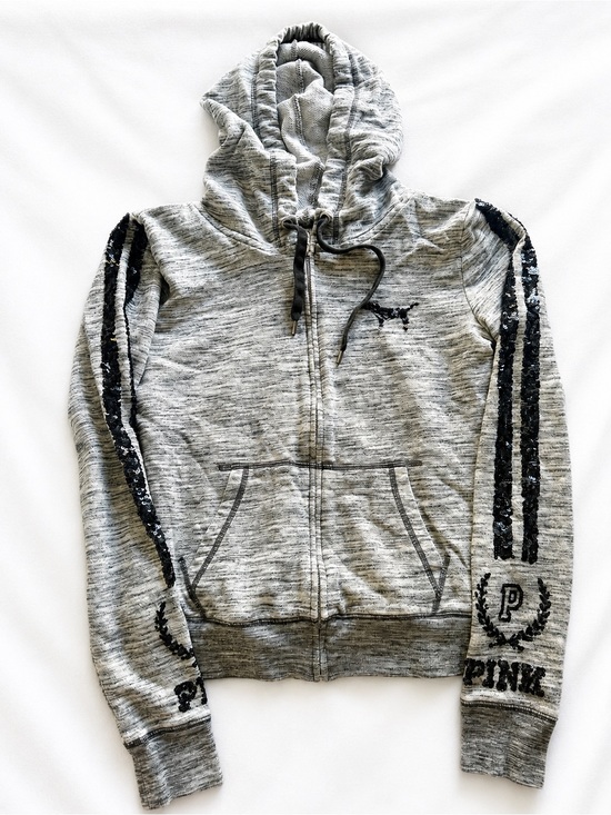 Victoria's Secret Tops - 2000s Victoria’s Secret VS PINK Gray Sequin Zip Hoodie Y2K Size Small Vintage